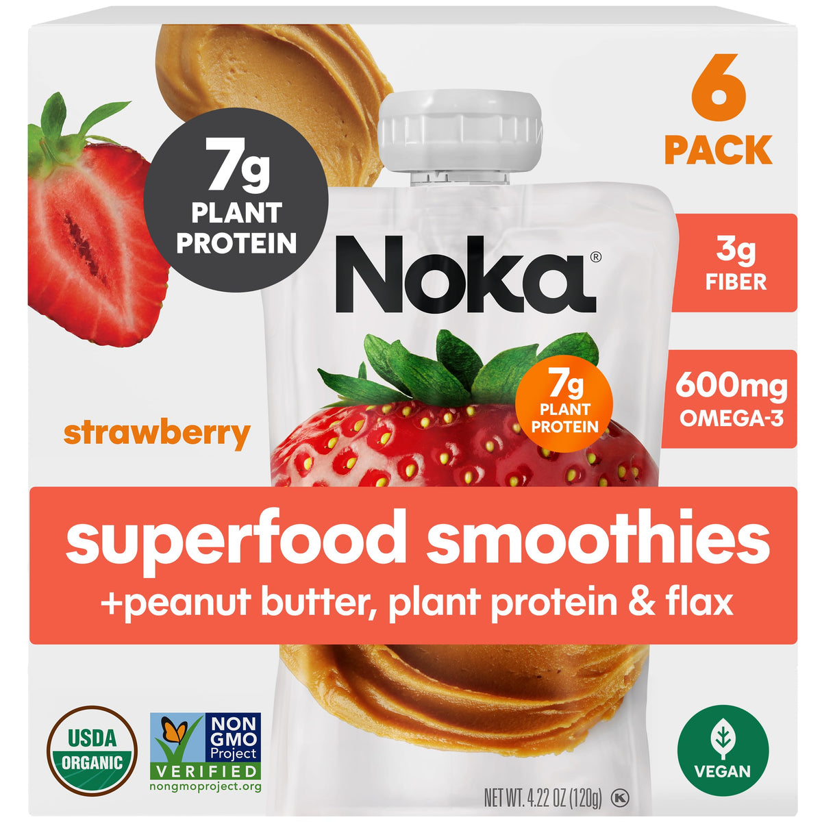 NOKA front packaging showing six Strawberry Peanut Butter pouches and convenience