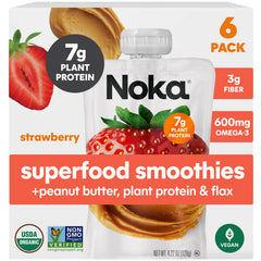 NOKA front packaging showing six Strawberry Peanut Butter pouches and convenience