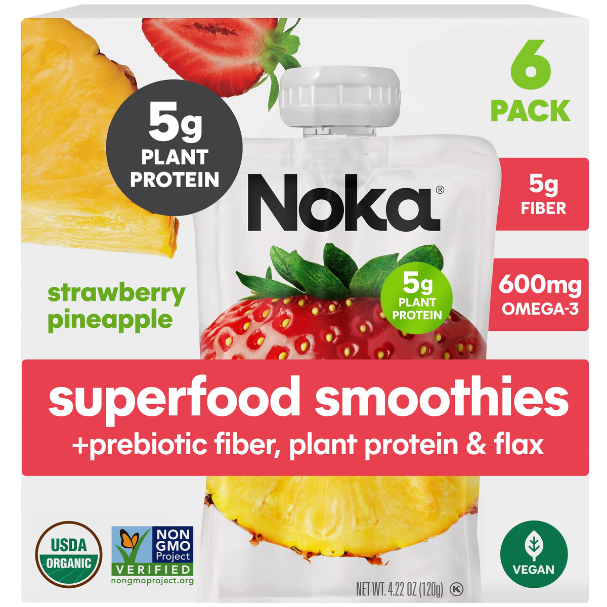 NOKA front packaging showing six Strawberry Pineapple pouches for grab-and-go convenience