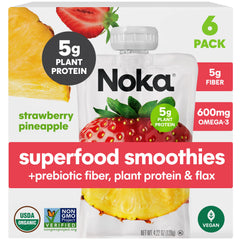 NOKA front packaging showing six Strawberry Pineapple pouches for grab-and-go convenience