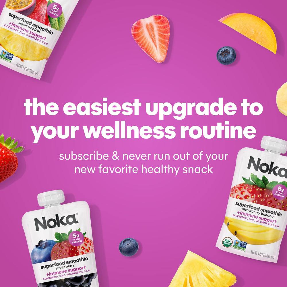 NOKA pouch on a breakfast table with granola and fruit, quick morning option
