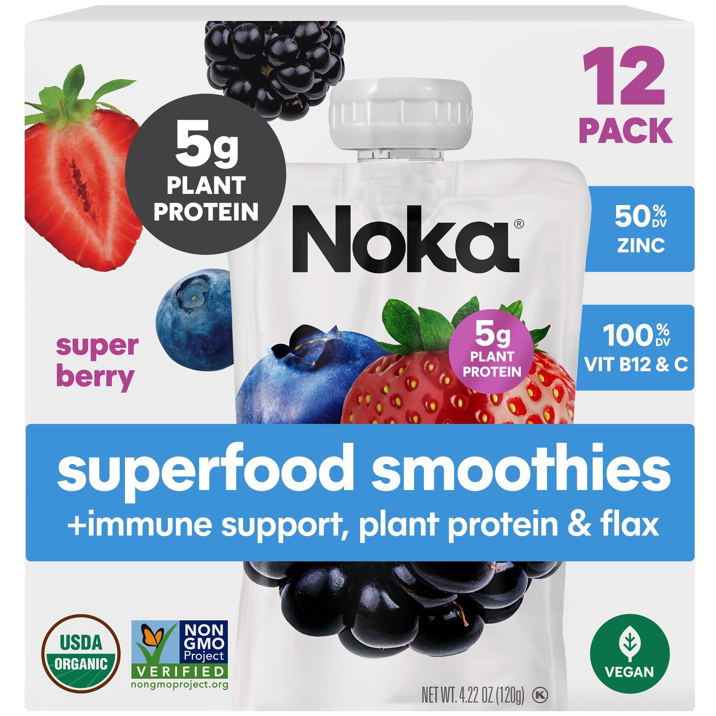 NOKA front packaging showing 12-pack and organic label, convenient snack