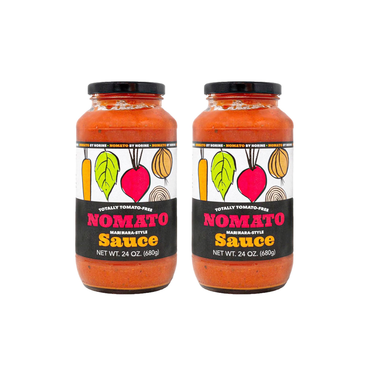 Nomato front label showing 24 oz bottle and clear product identity and benefits