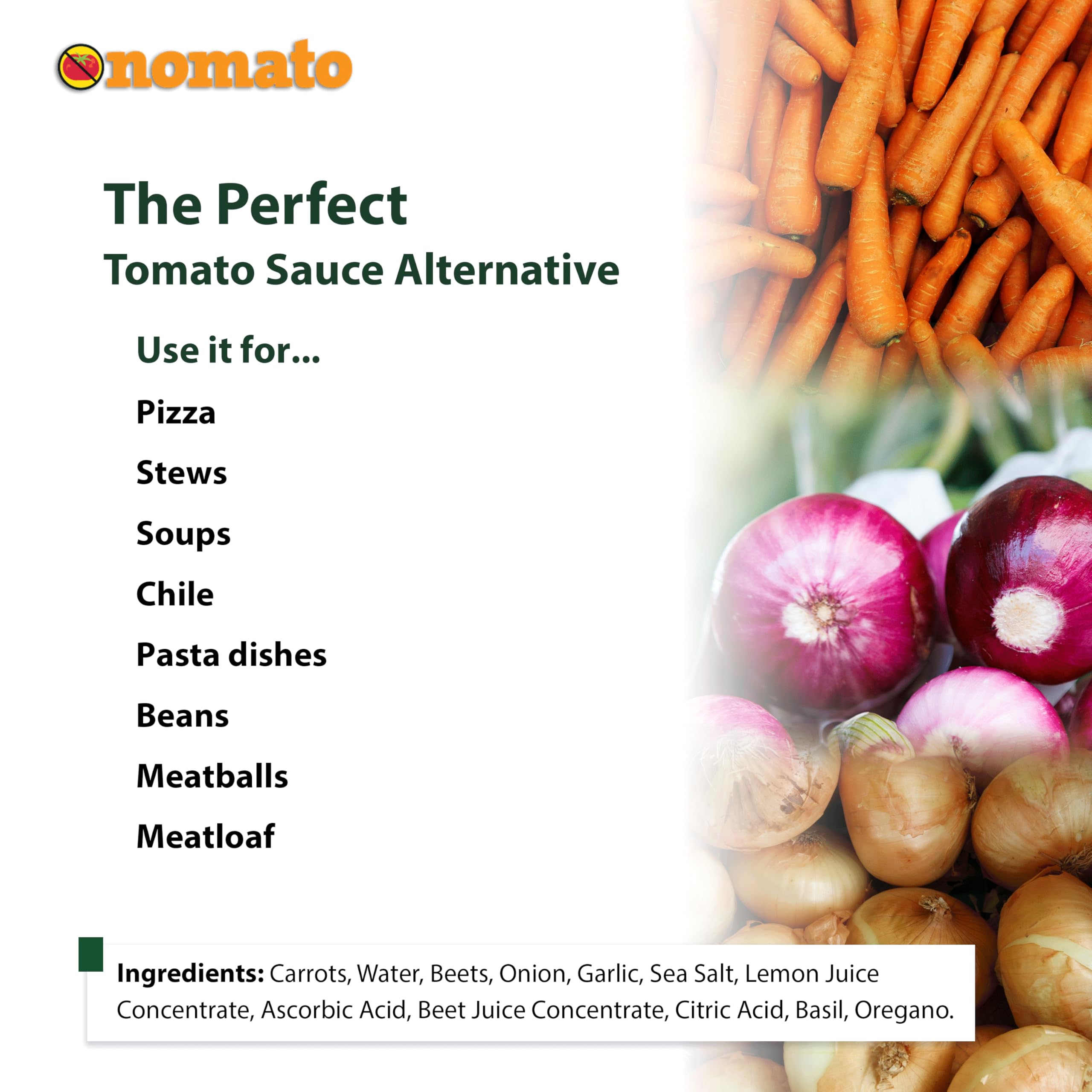 Nomato displayed with carrots beets celery lemon and garlic highlighting vegetable base