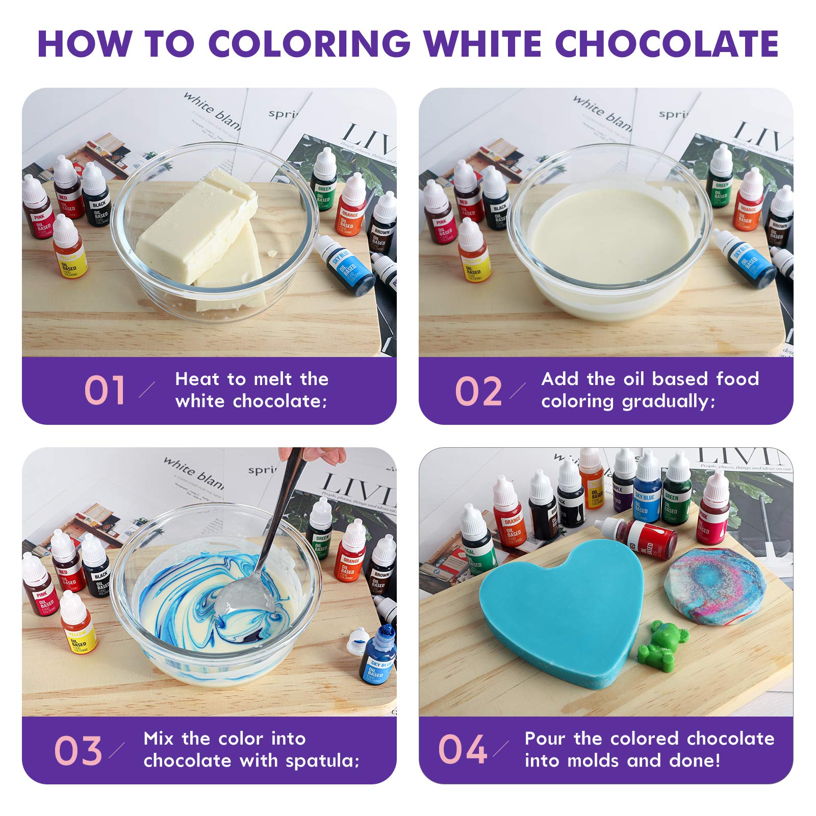 Nomeca colored chocolate melt being stirred, ensuring even, streak-free coloration