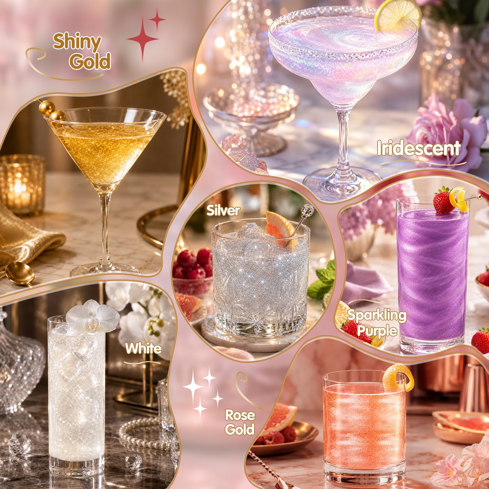 Nomeca shimmer on cocktail highlighting drink-safe decoration benefit