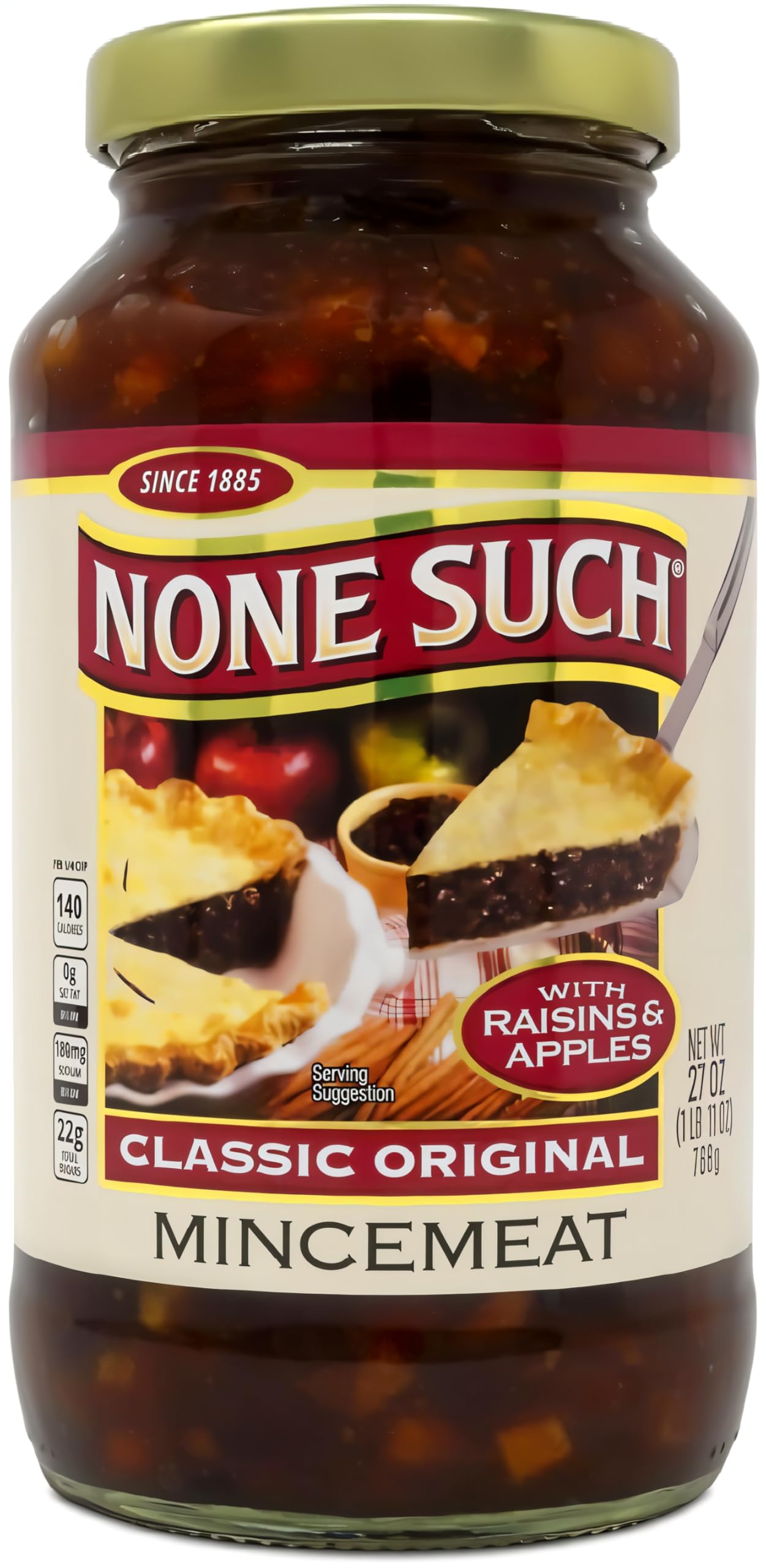 None Such front label 27 ounce jar showing classic mincemeat branding and convenience