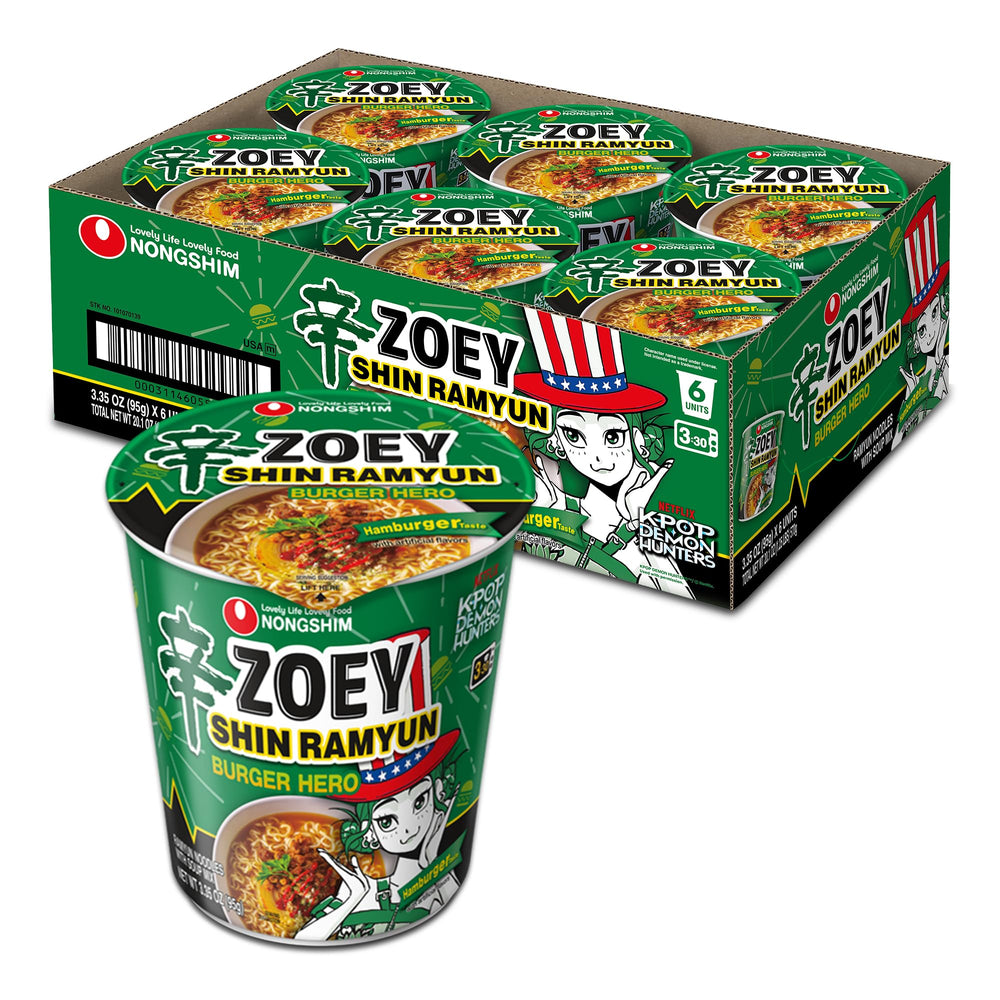 Nongshim Burger Hero front packaging showing product and pack of six for easy stocking