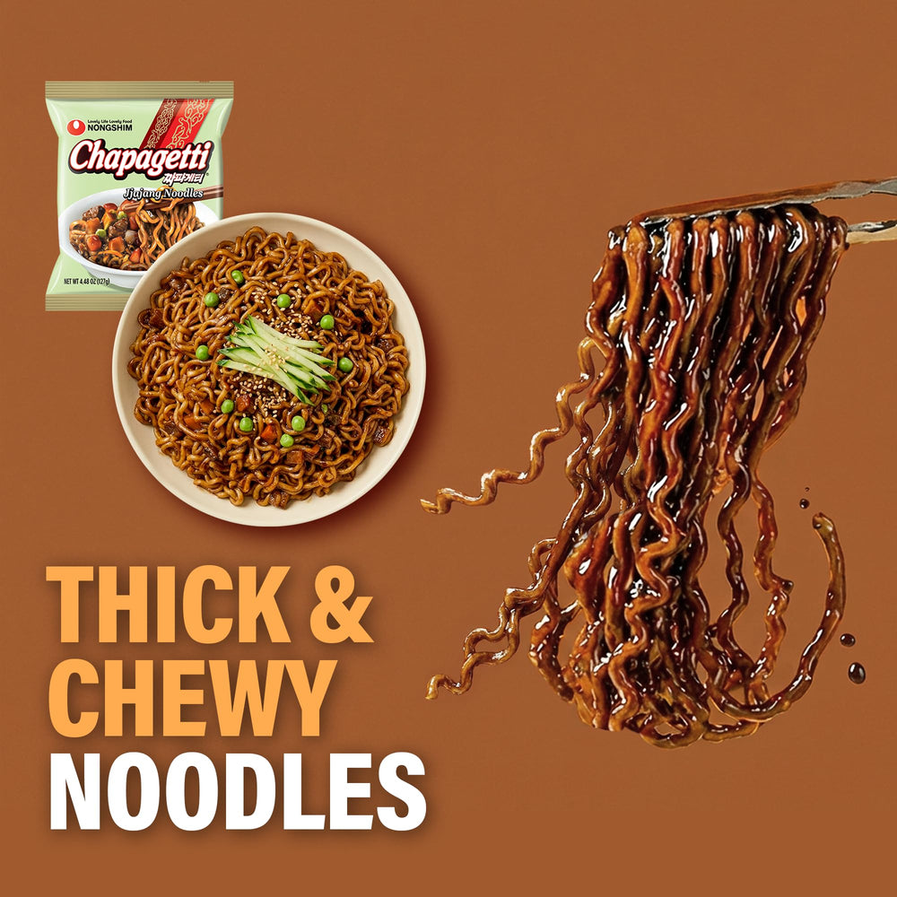 Nongshim Chapagetti noodle texture close-up highlighting chewy bite