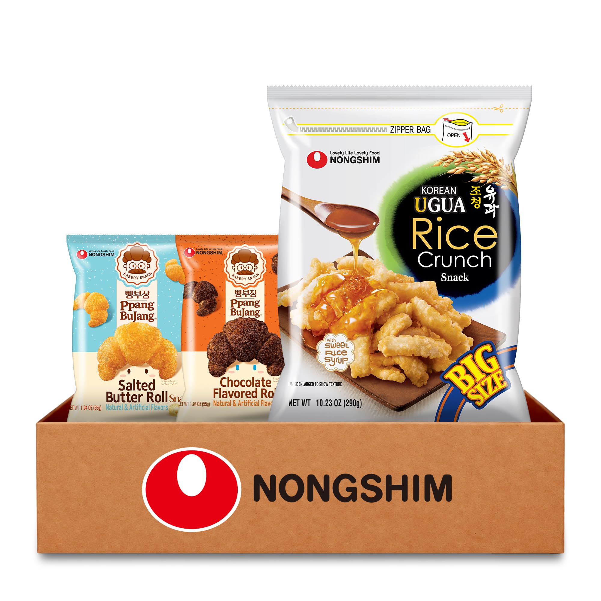 Nongshim front packaging box showing all three snacks and clear branding for easy discovery
