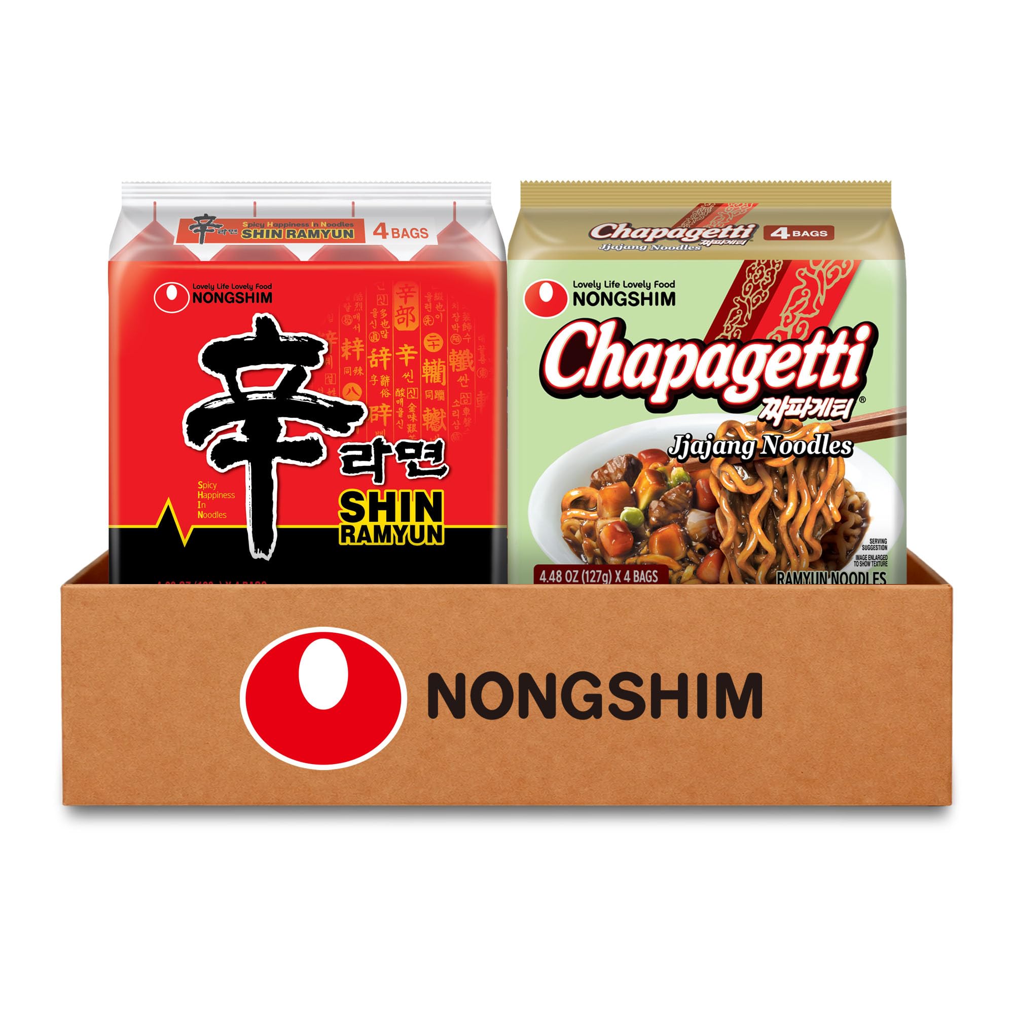 Nongshim front packaging showing both Shin Ramyun and Chapagetti for quick meal choices