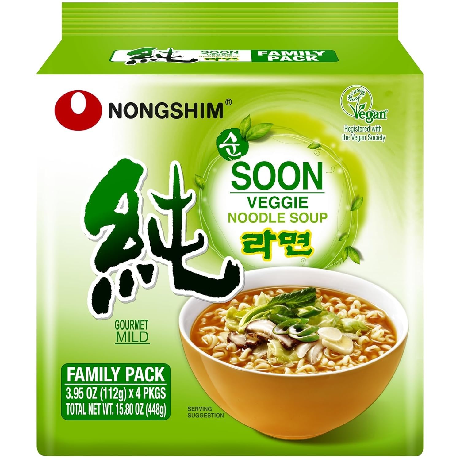 Nongshim front packaging showing vegan four-pack and product labeling benefits