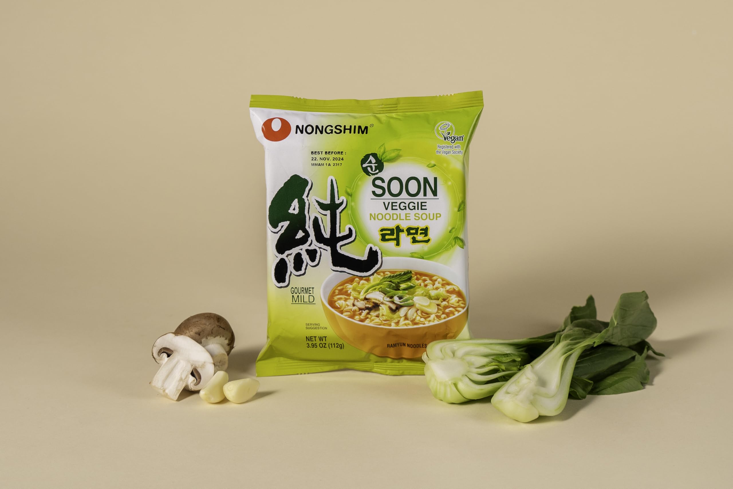 Nongshim served bowl in kitchen setting illustrating comforting vegan meal