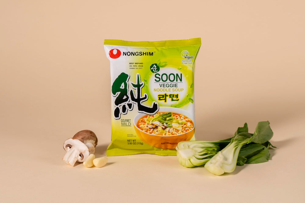 Nongshim served bowl in kitchen setting illustrating comforting vegan meal