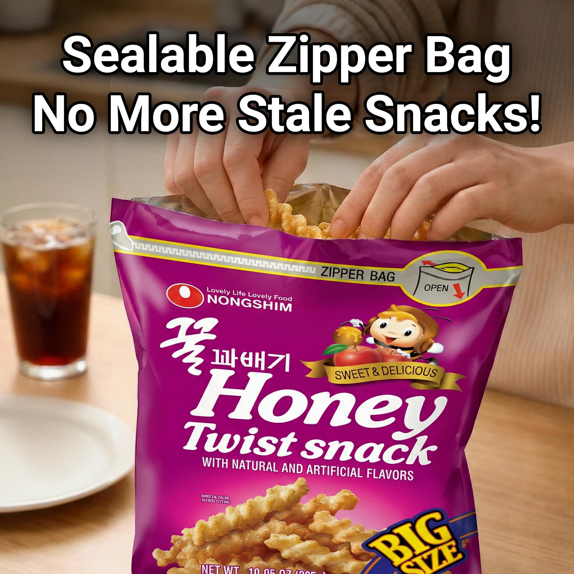 Nongshim Honey Twist held in hand to show size and portion convenience