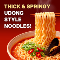 Nongshim Neoguri seasoning and broth being poured to create rich flavor