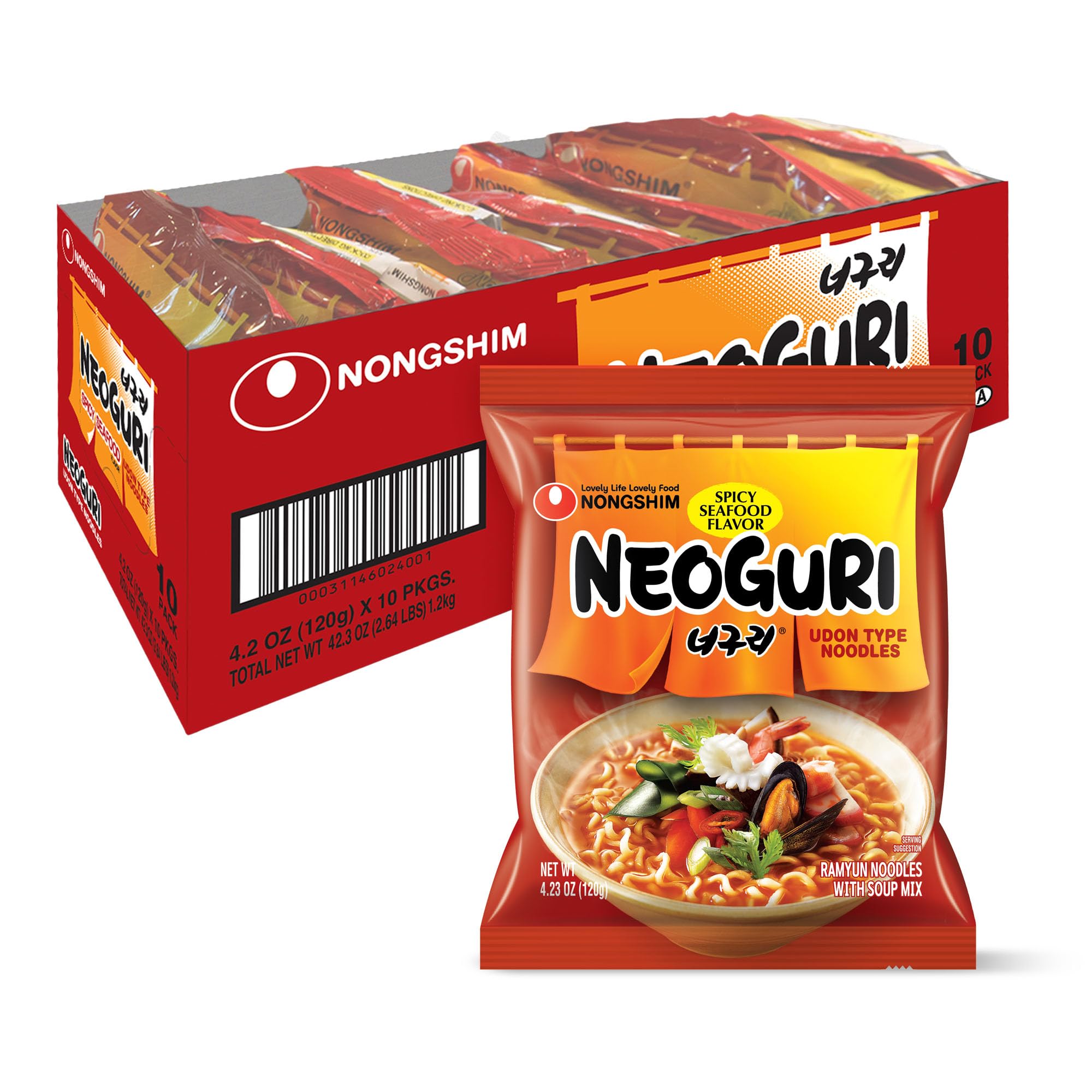 Nongshim Neoguri front packaging showing bold seafood branding and convenience