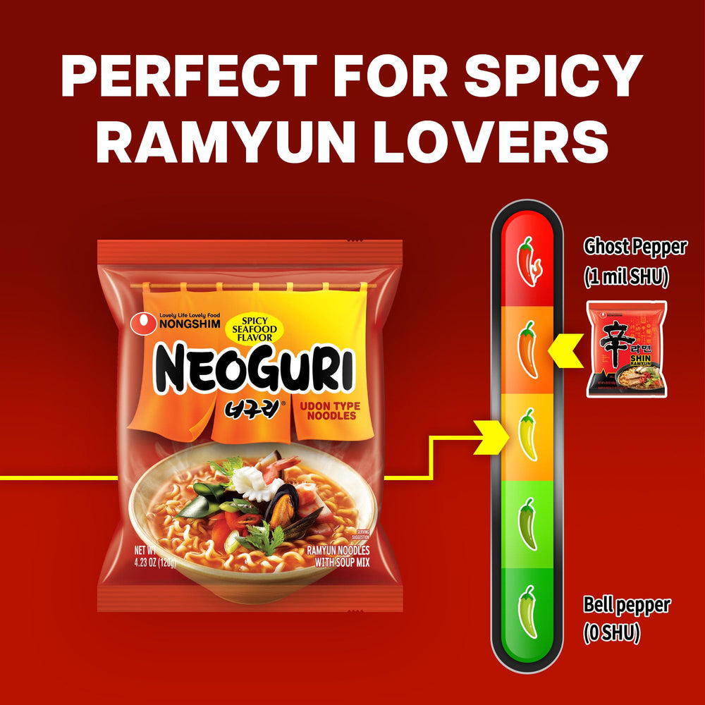 Nongshim Neoguri ten-pack stacked to show pantry-ready value and convenience