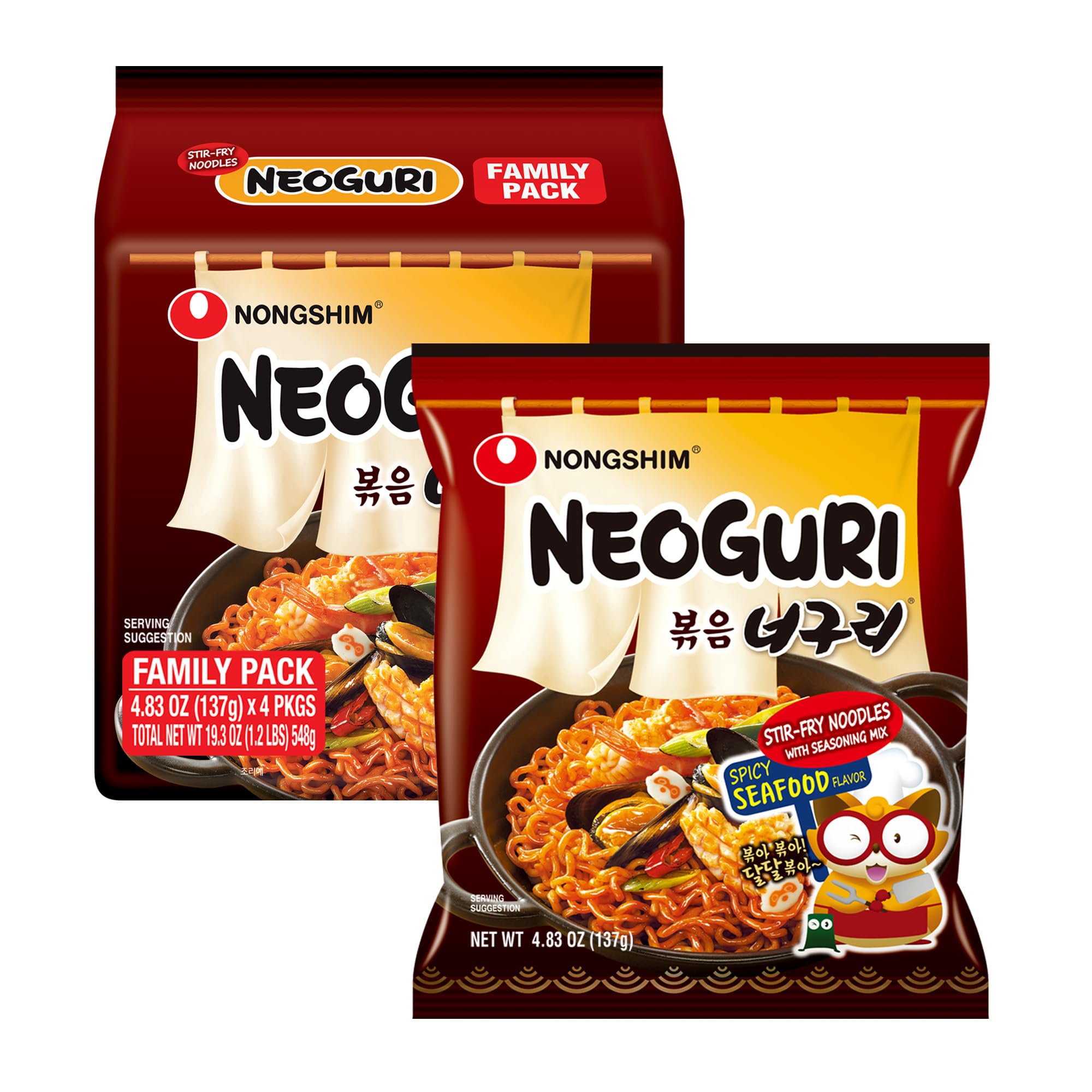 Nongshim Neoguri front packaging showing bold spicy seafood branding and 4-pack convenience
