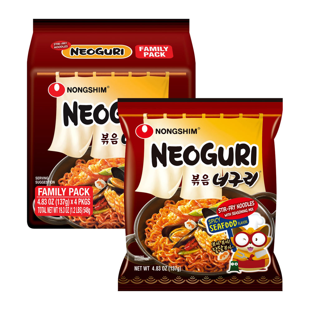 Nongshim Neoguri front packaging showing bold spicy seafood branding and 4-pack convenience