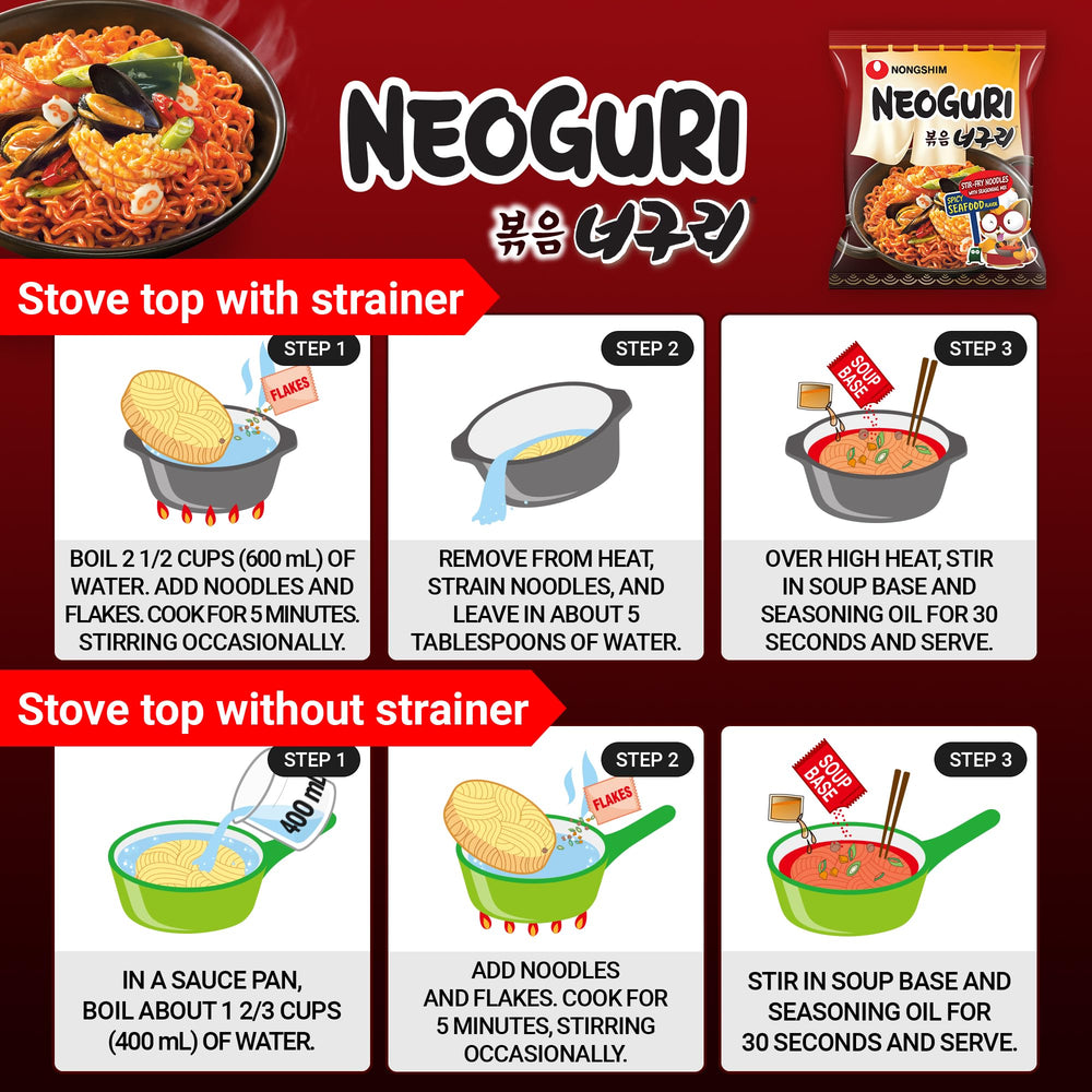 Nongshim Neoguri four-pack next to measuring cup showing portion and size comparison