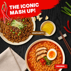Nongshim open package top view revealing noodles and seasoning packets for easy setup