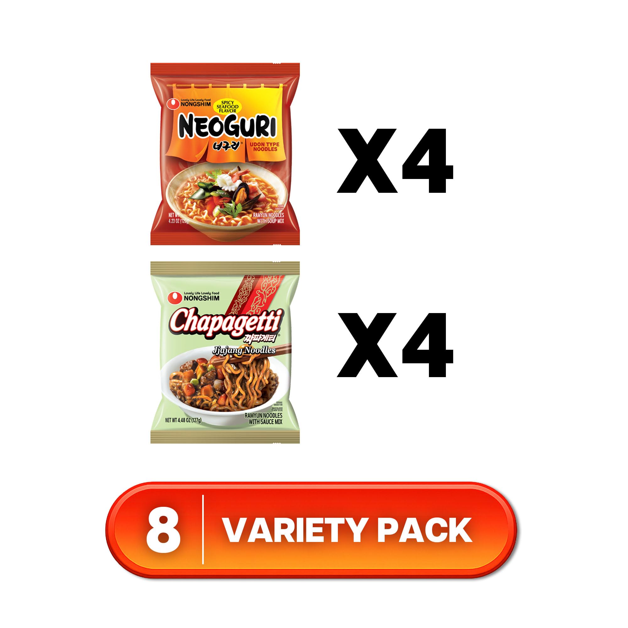 Nongshim pack size comparison to show eight individual instant noodle packs