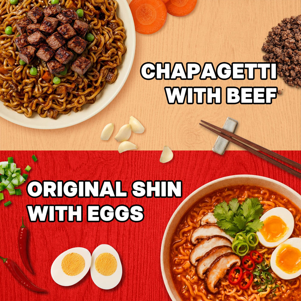 Nongshim prepared Chapagetti plated to show rich black-bean sauce and hearty flavor