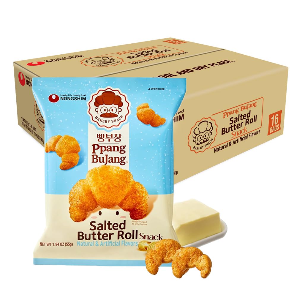 Nongshim front packaging showing salted butter roll snack for quick identification