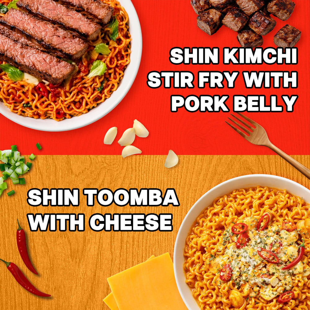 Kimchi stir-fry noodles close detail highlighting sauce coating and texture benefit by Nongshim