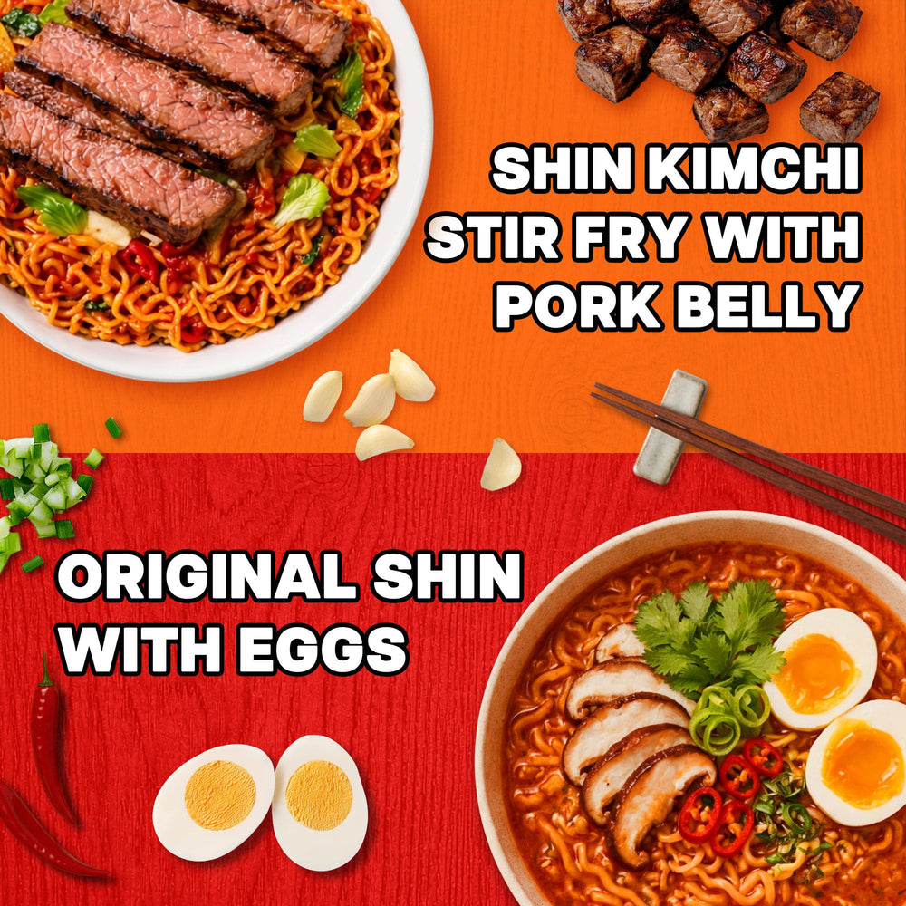 Nongshim Shin Kimchi Stir-Fry sauced noodles close-up showing glossy kimchi coating benefit