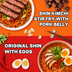 Nongshim Shin Kimchi Stir-Fry sauced noodles close-up showing glossy kimchi coating benefit