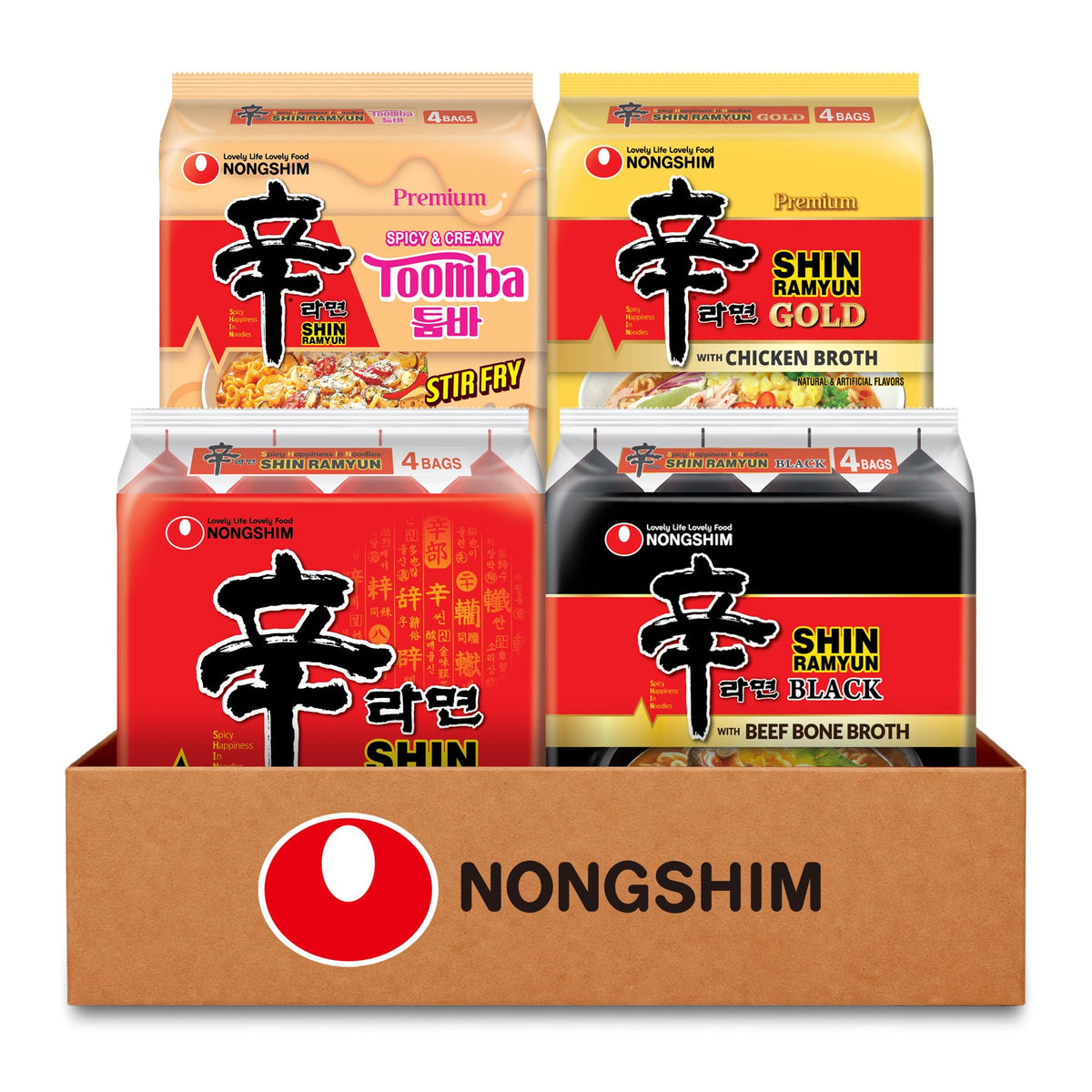 Nongshim front packaging showing all four Shin Ramyun flavors and variety convenience