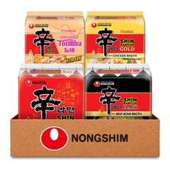 Nongshim front packaging showing all four Shin Ramyun flavors and variety convenience