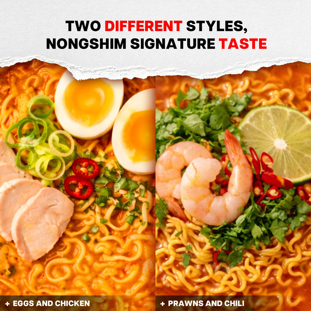 Nongshim eight‑pack next to a hand showing compact pantry size