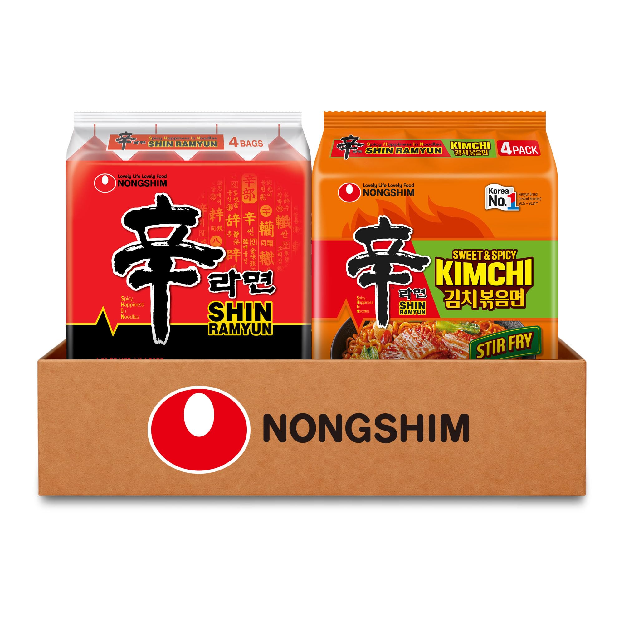 Nongshim 8-pack front view showing both Shin Ramyun and Kimchi variety, clear choice benefit