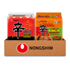 Nongshim 8-pack front view showing both Shin Ramyun and Kimchi variety, clear choice benefit