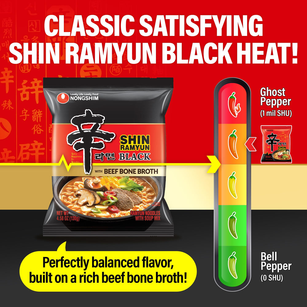 Nongshim Shin Ramyun Black rich broth being poured emphasizing deep beef flavor