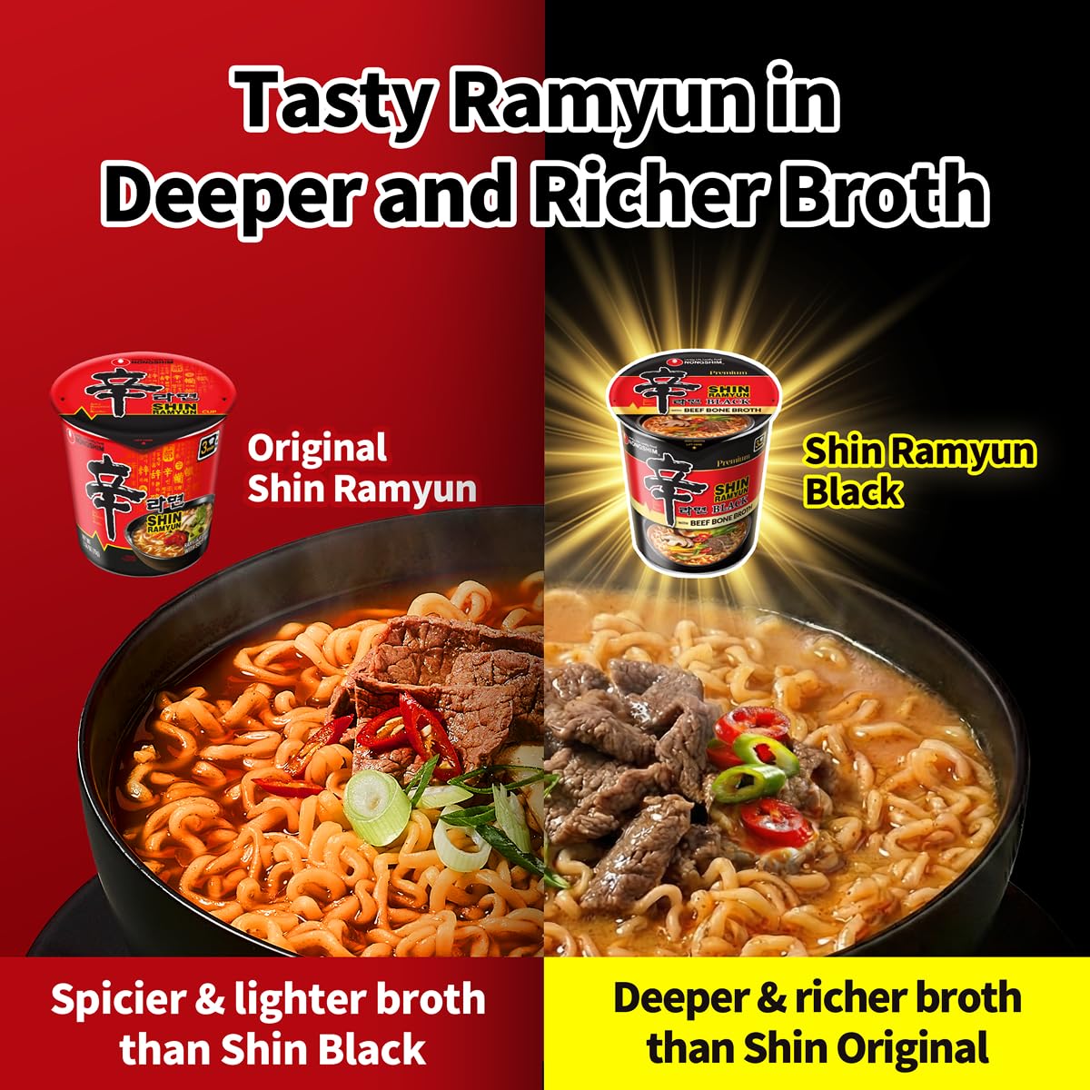Nongshim Shin Ramyun Black cup opened to show seasoning and dried vegetables, ready to cook