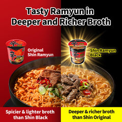 Nongshim Shin Ramyun Black cup opened to show seasoning and dried vegetables, ready to cook