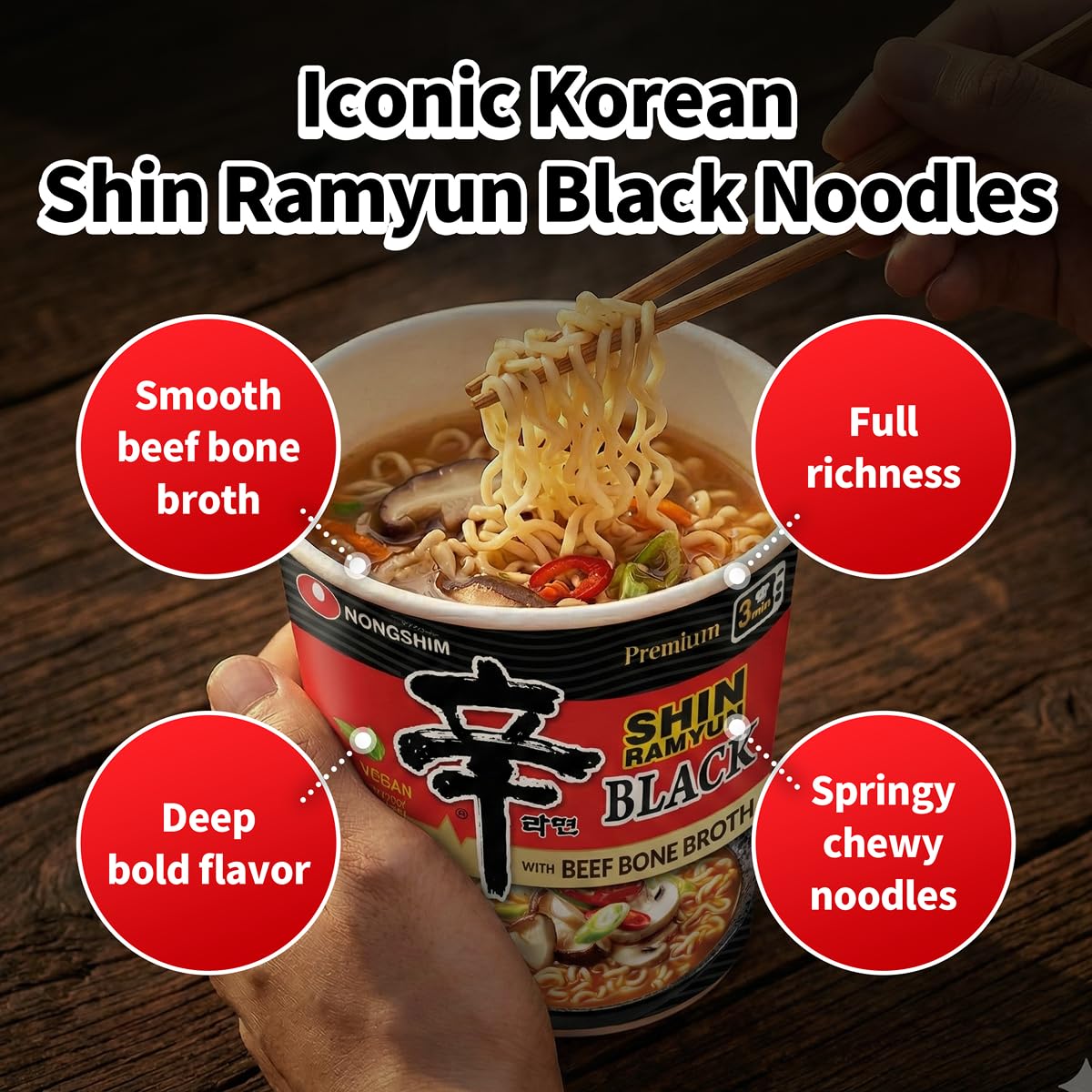 Nongshim Shin Ramyun Black chewy noodles close-up showing springy texture benefit