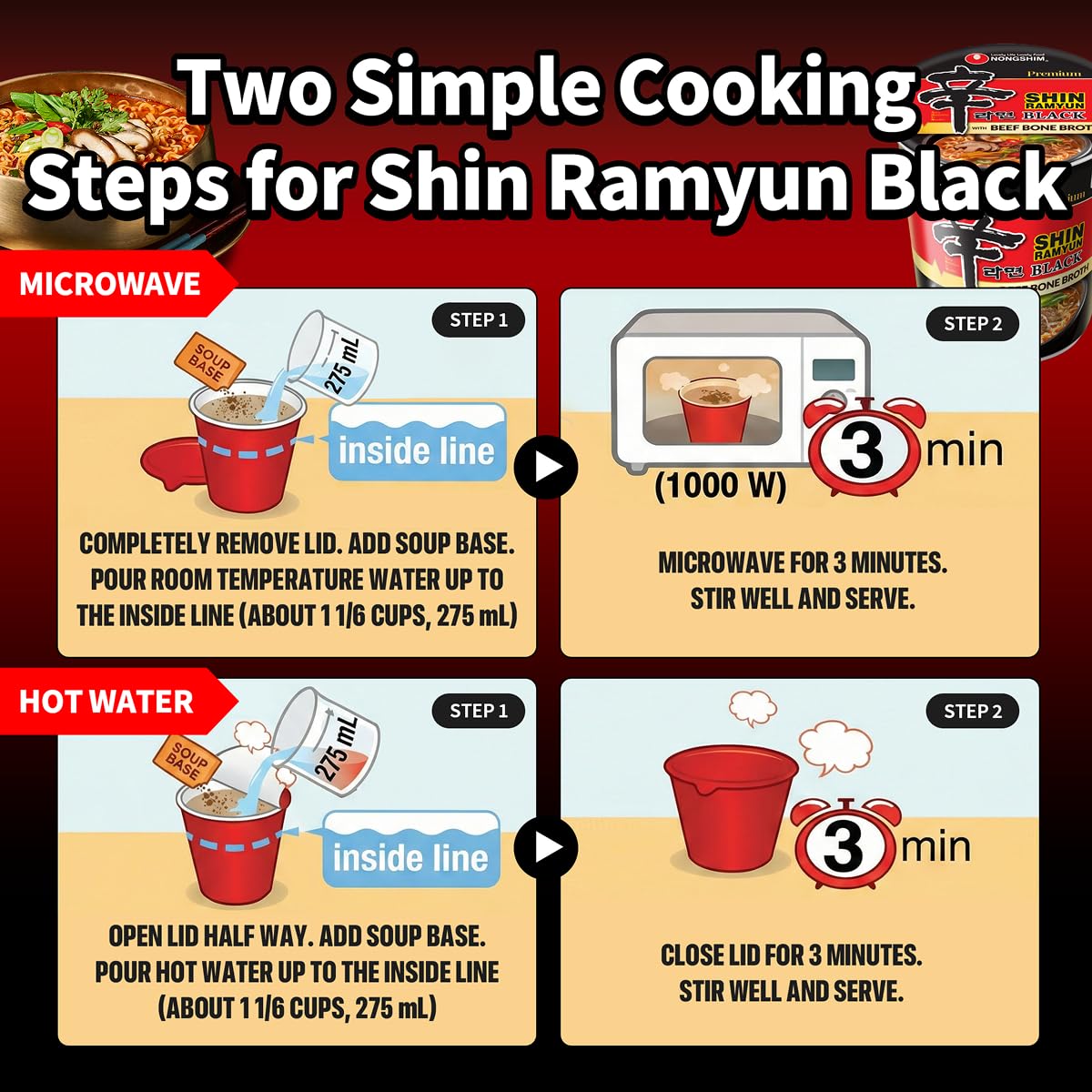 Nongshim Shin Ramyun Black cup next to hand for scale, compact pantry-friendly size