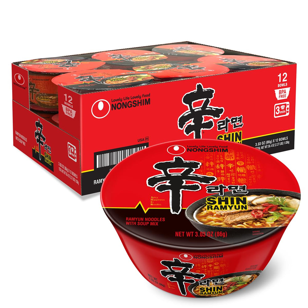 Nongshim Shin Ramyun bowl front packaging showing spicy ramen convenience