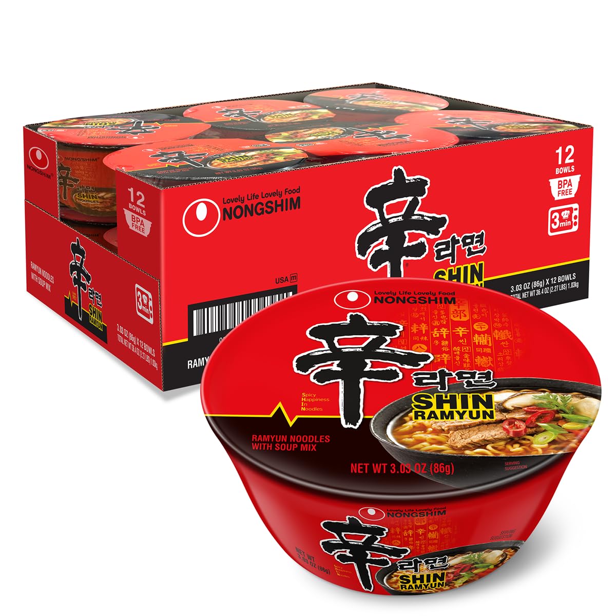 Nongshim Shin Ramyun bowl front packaging showing spicy ramen convenience