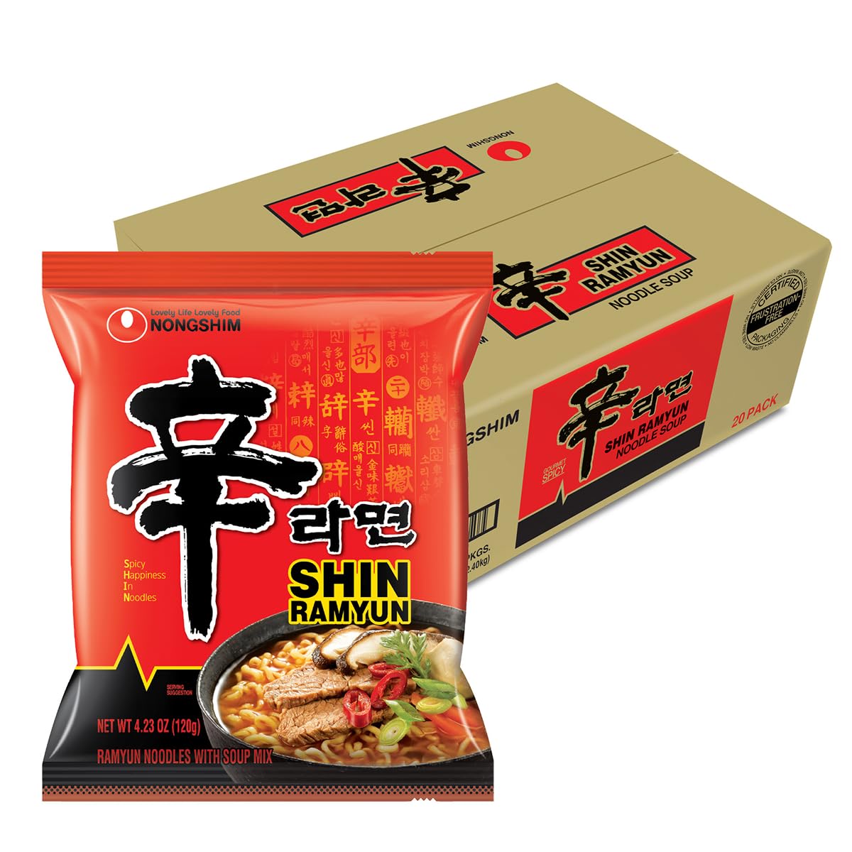 Nongshim Shin Ramyun front packaging showing brand and spicy noodle appeal