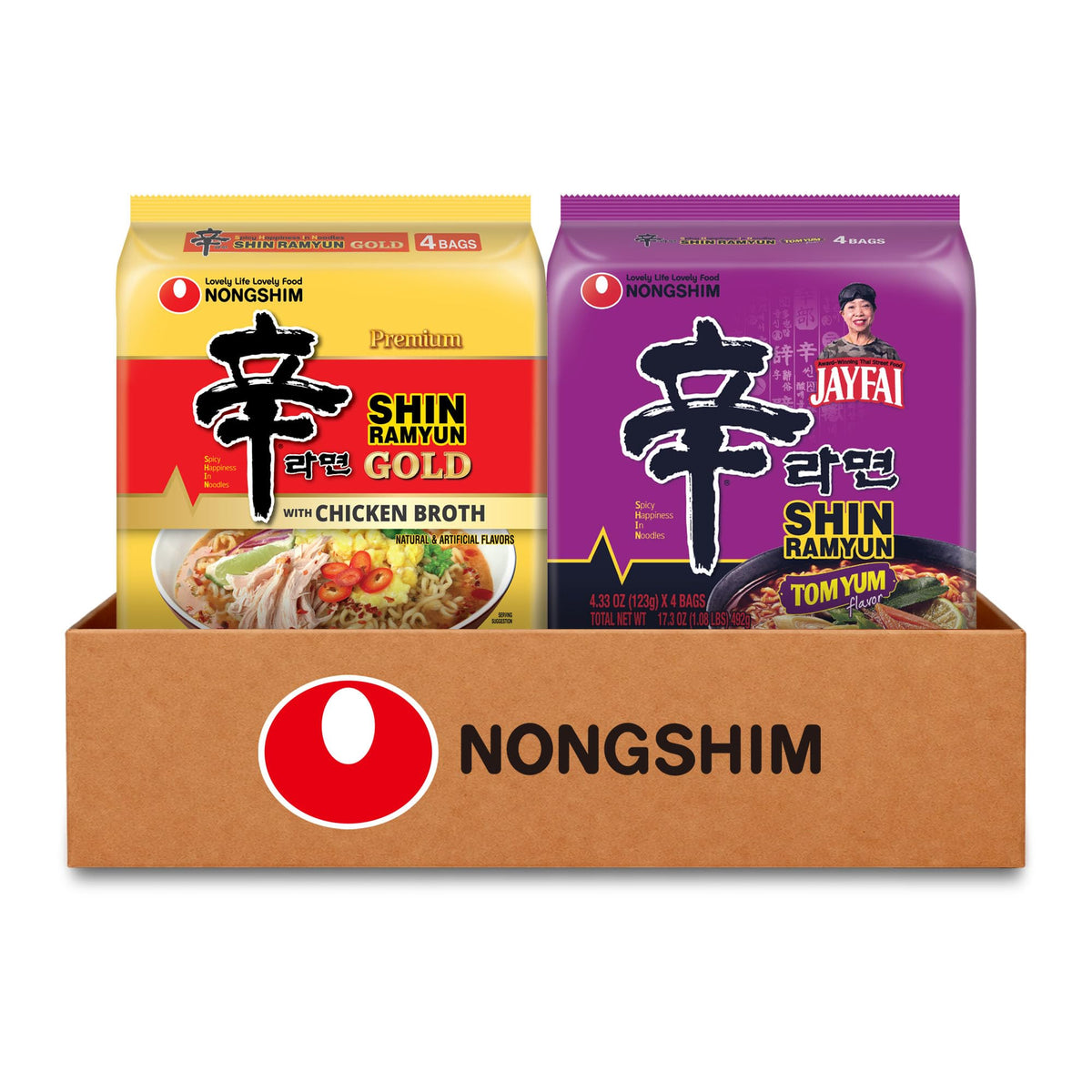 Nongshim front packaging showing both Gold and Tom Yum for pantry appeal