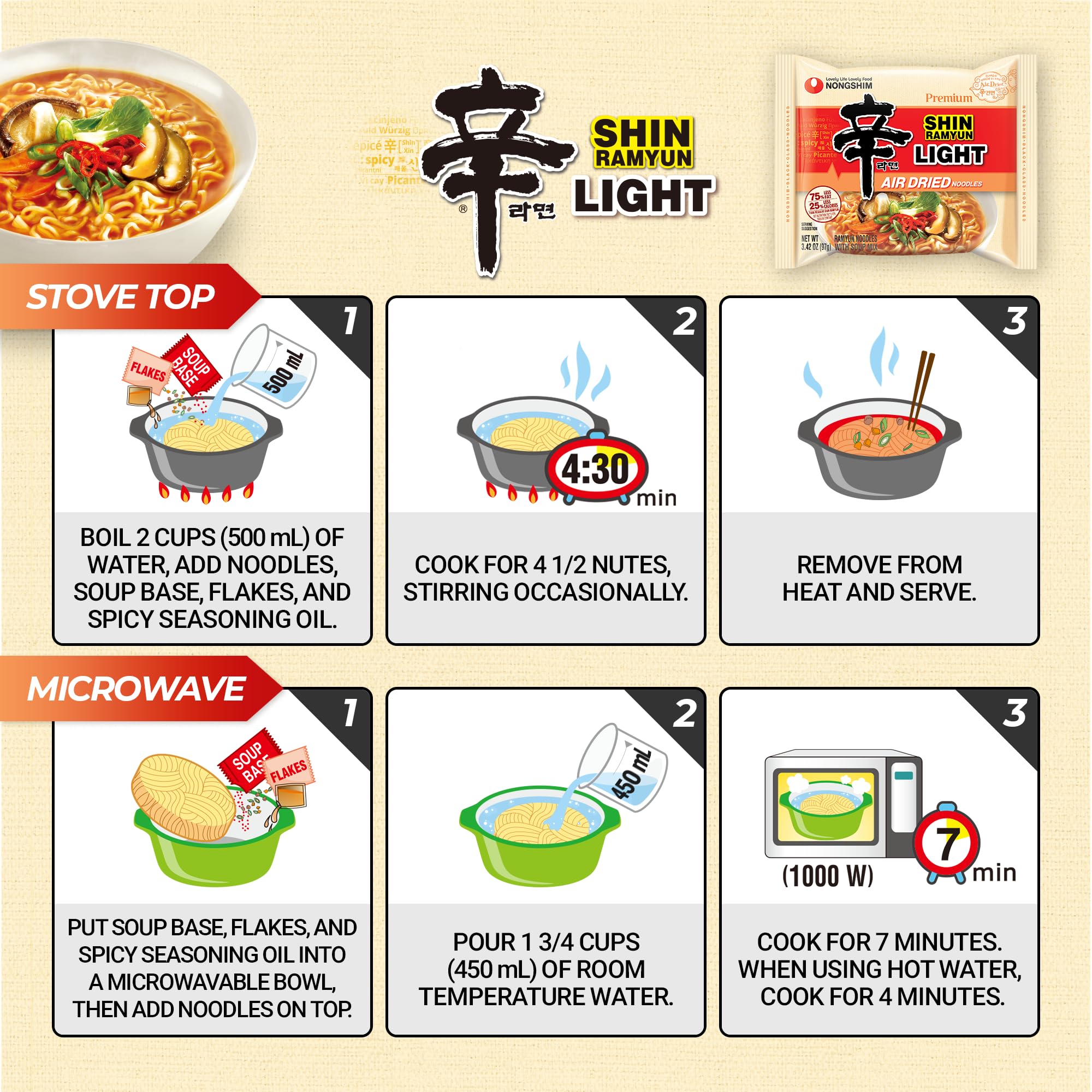 Nongshim four-pack stacked in pantry emphasizing convenient stock-up