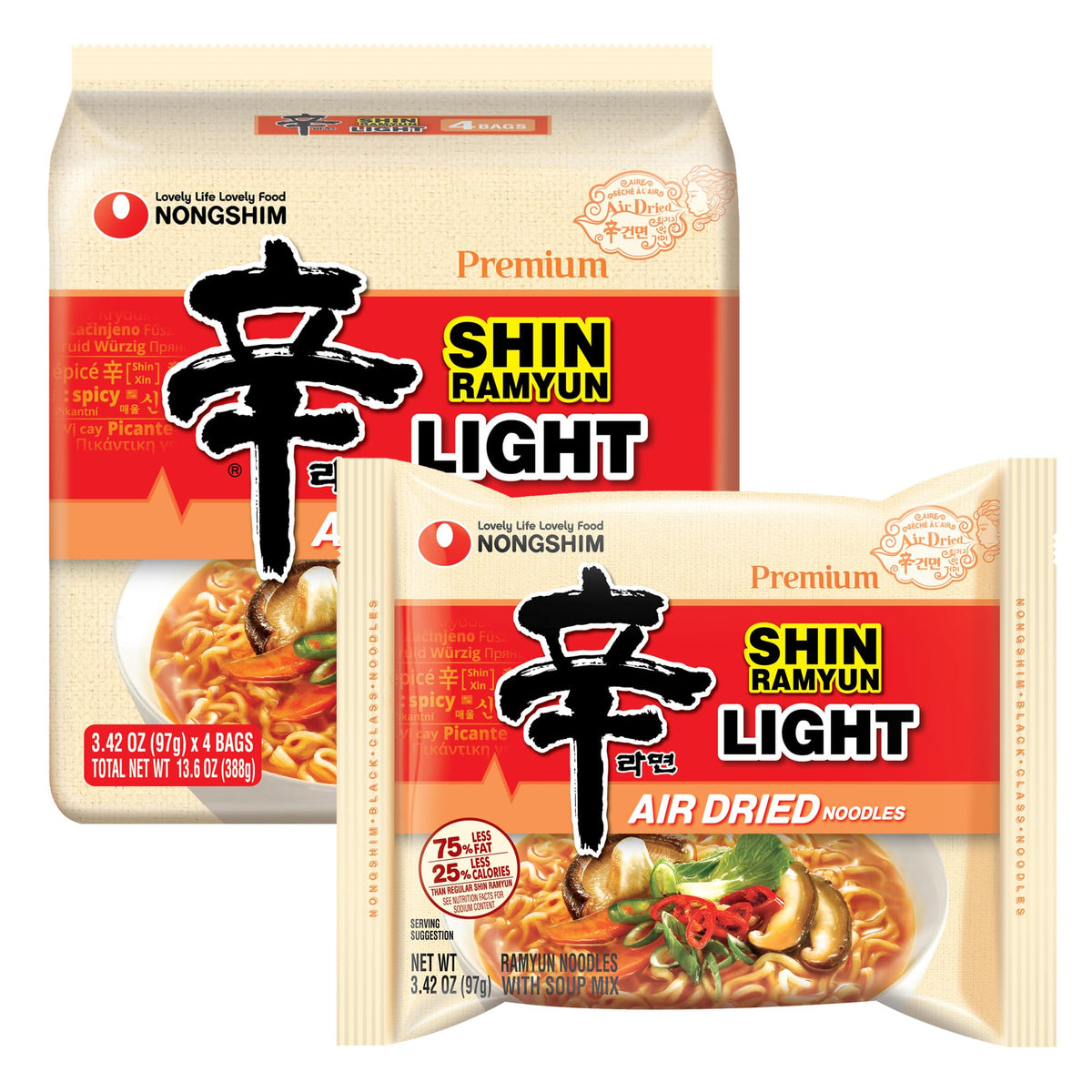 Nongshim front packaging showing lighter Shin Ramyun option and clear branding