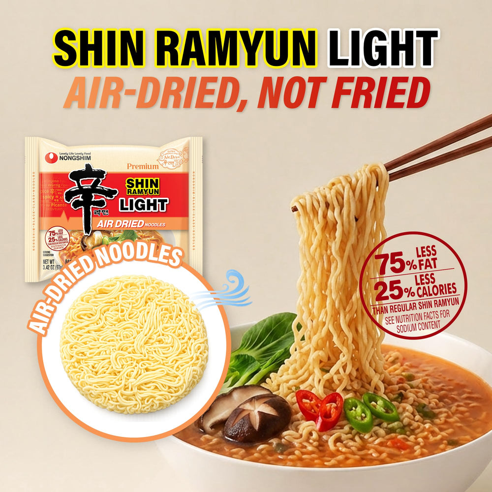 Nongshim prepared bowl overhead with broth and noodles for quick meal