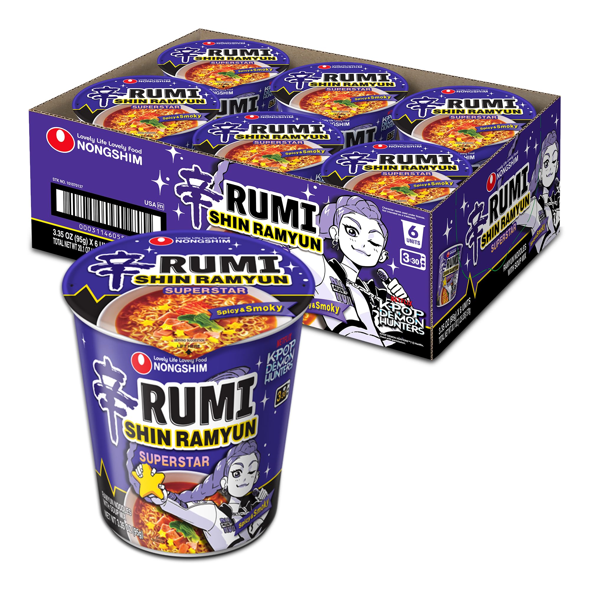 Nongshim Shin Ramyun Superstar front packaging showing six-cup pack convenience